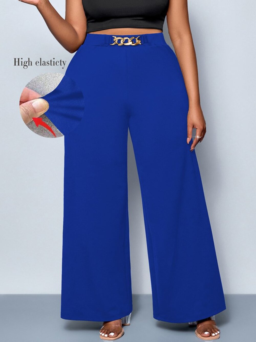 Women's High Waist Wide Leg Trousers with Metal Detail – European Style Dress Pa